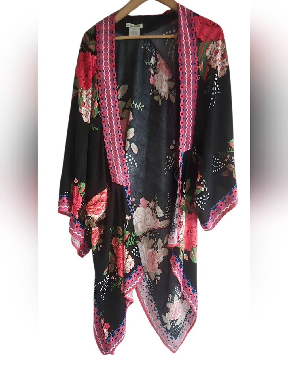 Flying Tomato Kimono Long Open Black Floral Boho Flowy Size S/M - Picture 2 of 8